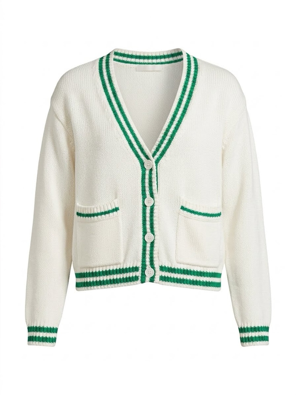 Olivaceous Cream V-Neck Cardigan with Green Trim